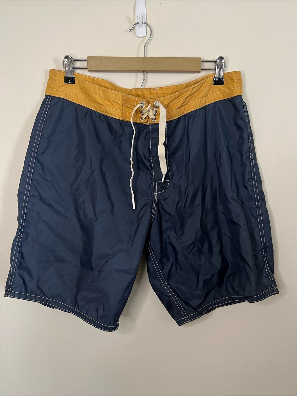 Birdwell Beach Britches USA Made Two Tone Gold Navy Blue Board Shorts Size 36